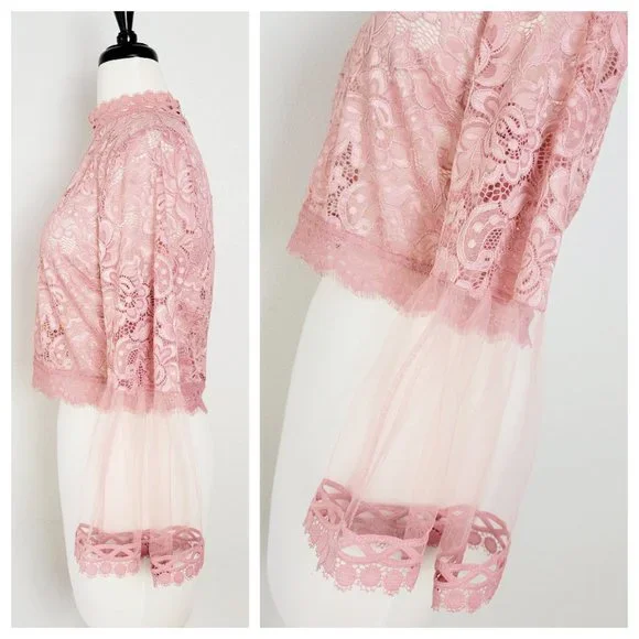 Love University Crop Top Blush Rose Sheer Lace Bell Sleeve Mock Neck Zip Back - Picture 8 of 12